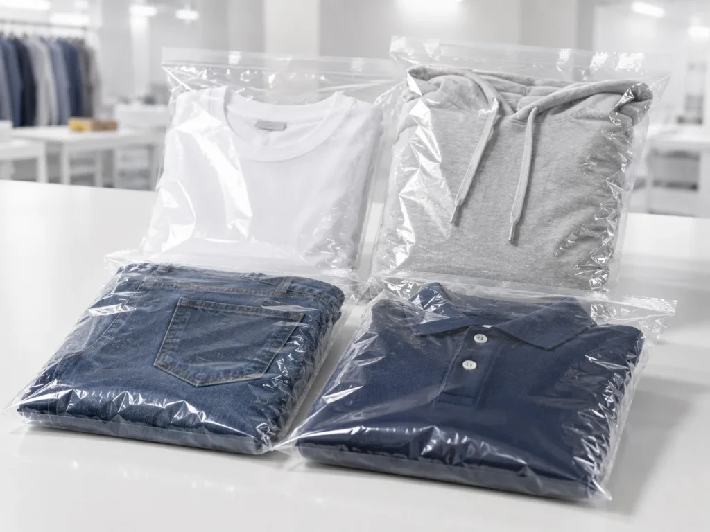 Sacos plásticos de polietileno transparentes embalando camisetas, calça jeans e blusa de moletom ordenados sobre uma mesa branca.