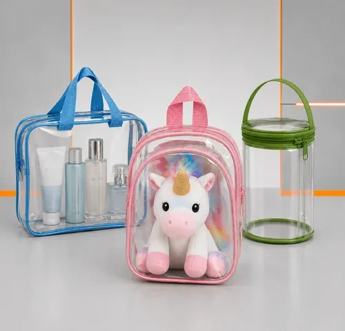 Embalagens de PVC transparente para kits promocionais, brinquedos e embalagens cilíndricas, com acabamento colorido em azul, rosa e verde, ideais para brindes, cosméticos e presentes.