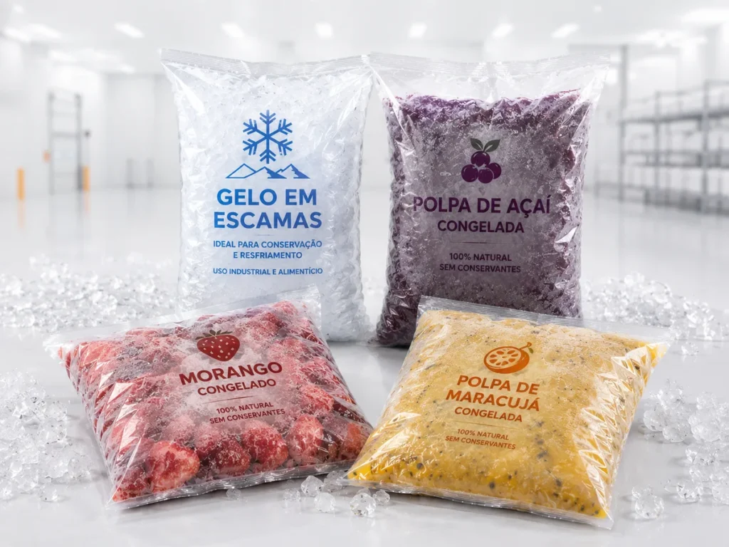 Sacos plásticos de polietileno transparentes com aditivo anti-fog contendo gelo em escamas, polpa de açaí, morango congelado e polpa de maracujá sobre uma superfície com cubos de gelo.
