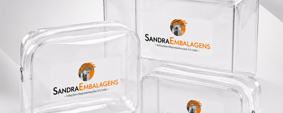 Bolsas de PVC cristal transparente com zíper em diferentes tamanhos sobre fundo de estúdio branco e cinza, ideais para kits, brindes e organização.
