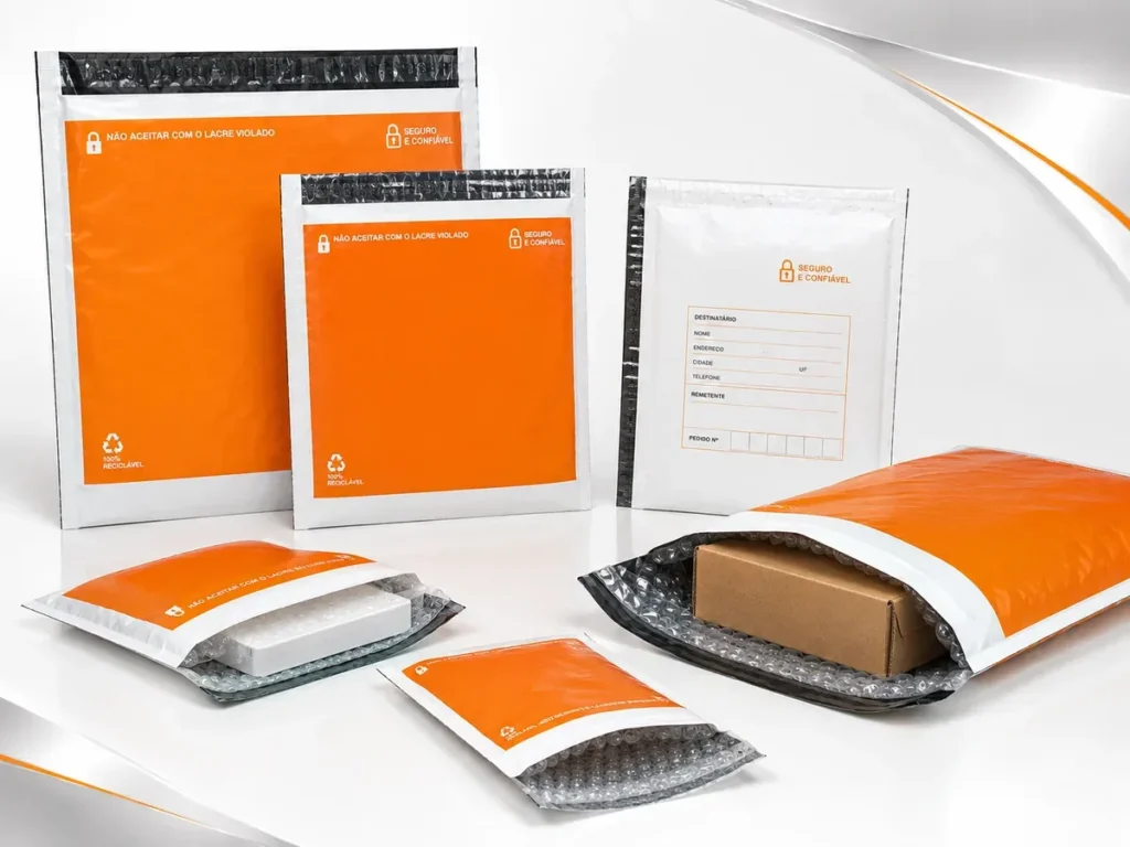 Envelopes plásticos com bolha contendo caixas e produtos internos para transporte - sandraembalagens