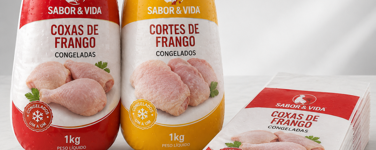 Duas embalagens plásticas de fundo redondo para frango congelado com impressão personalizada e pilha de embalagens vazias, utilizadas para cortes de aves congeladas.