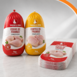 Duas embalagens plásticas de fundo redondo para frango congelado com impressão personalizada e pilha de embalagens vazias, utilizadas para cortes de aves congeladas.