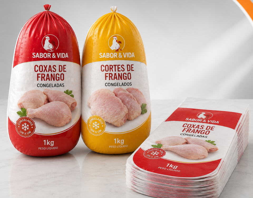 Duas embalagens plásticas de fundo redondo para frango congelado com impressão personalizada e pilha de embalagens vazias, utilizadas para cortes de aves congeladas.