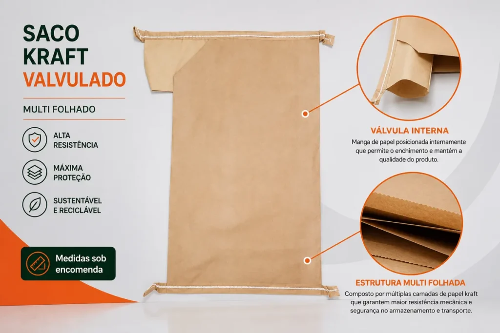 Infográfico explicativo do saco kraft valvulado destacando o detalhe da válvula interna e as múltiplas camadas da estrutura multifolhada.