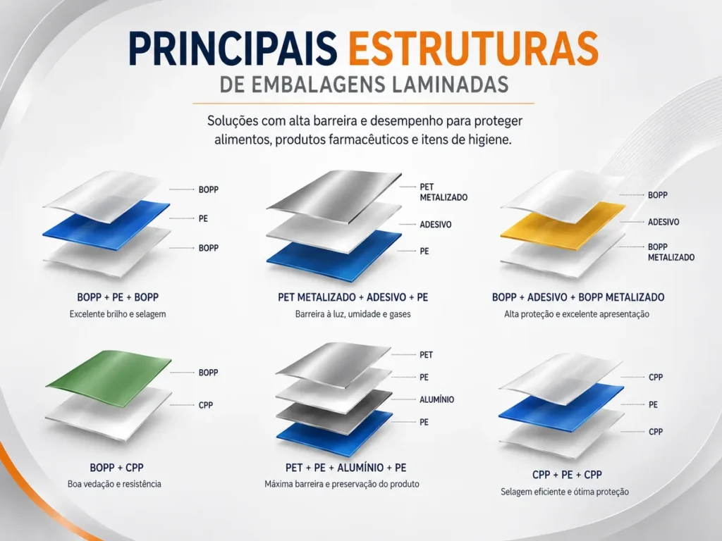 Principais estruturas utilizadas em embalagens laminadas de alta barreira.