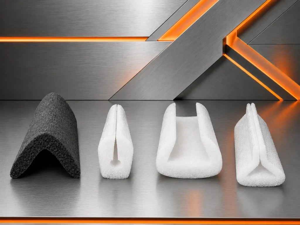 Variedade de perfis de polietileno expandido brancos e preto para proteção industrial.