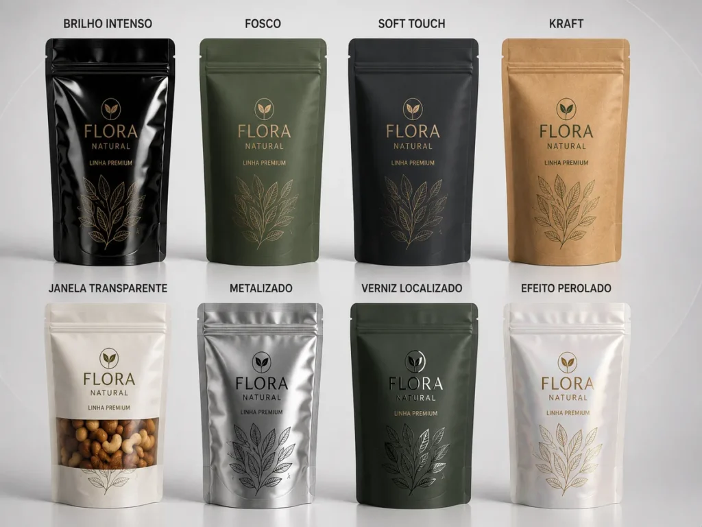 Principais acabamentos disponíveis para embalagens laminadas, incluindo brilho, fosco, soft touch, kraft, metalizado e verniz localizado.alimentos, café, granola e produtos premium com diferentes estruturas de alta barreira.