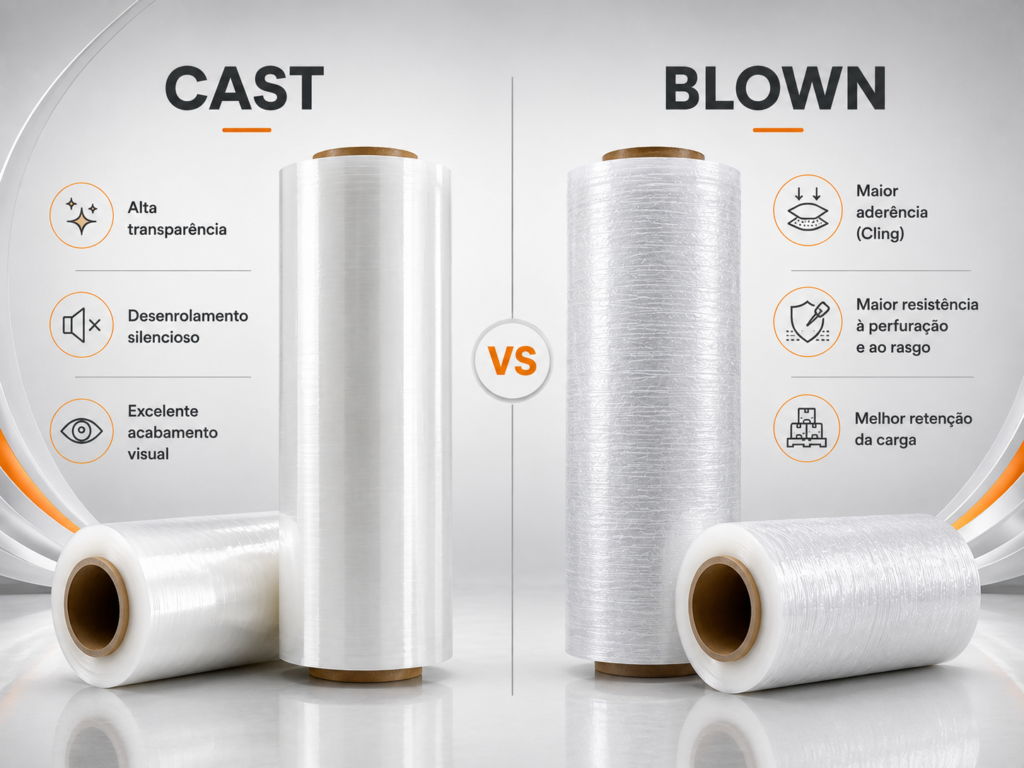 Comparação entre filme stretch CAST e BLOWN com transparência, aderência, resistência e retenção de carga.