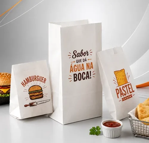 Três sacos de papel branco com barreira antigordura para hambúrgueres, pastéis e delivery, modelos sanfonado e fundo quadrado (SOS), ideais para food service e lanchonetes.