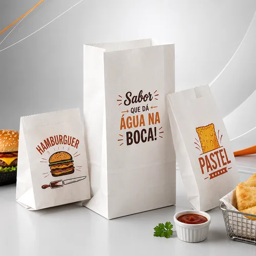 Três sacos de papel branco com barreira antigordura para hambúrgueres, pastéis e delivery, modelos sanfonado e fundo quadrado (SOS), ideais para food service e lanchonetes.