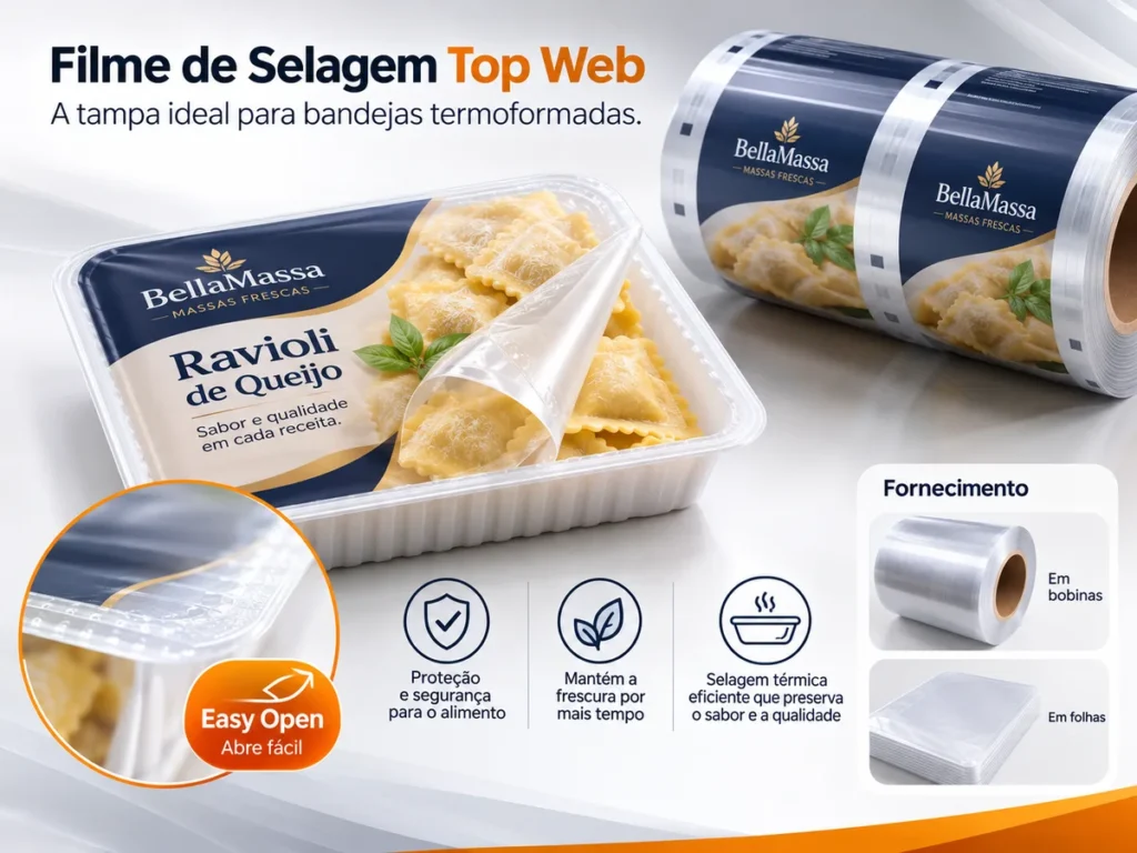 Embalagens termoformadas de alimentos fechadas com filme tampa impresso e sistema abre fácil.