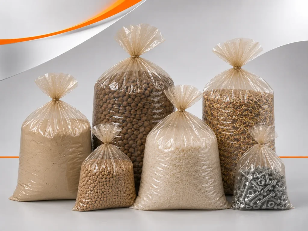 Sacos de polietileno canela amarrados e cheios com arroz, grãos, parafusos e pó, ilustrando a resistência física do material.