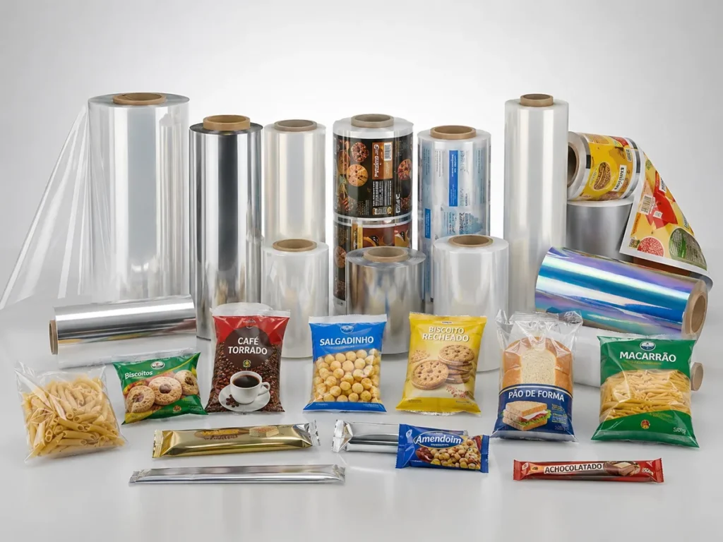 Variedade de bobinas industriais de filmes flexíveis e produtos alimentícios embalados.