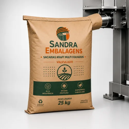 Saco kraft multifolhado valvulado personalizado acoplado à máquina de envase, demonstrando o sistema de enchimento por válvula utilizado em embalagens industriais fornecidas pela Sandra Embalagens.