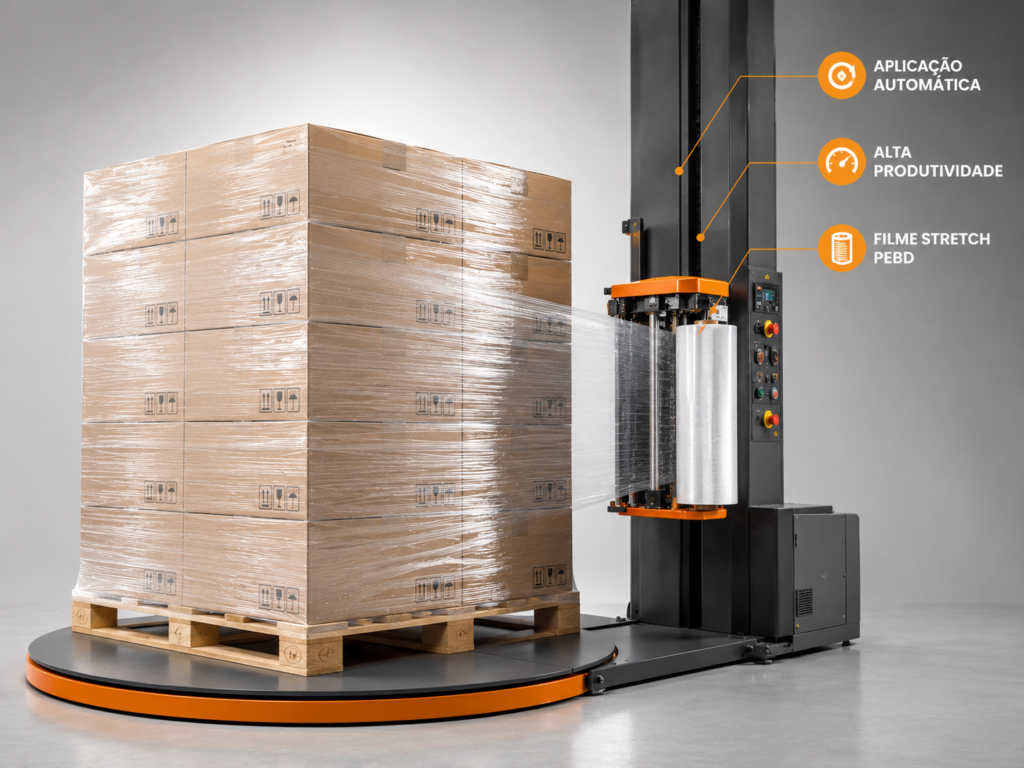 Máquina envolvedora aplicando filme stretch transparente automaticamente em um pallet de caixas.