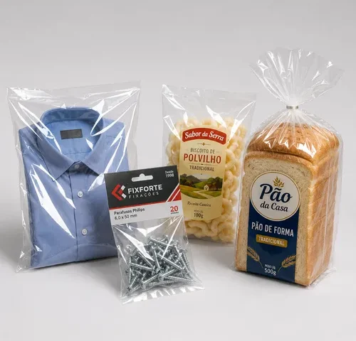 Conjunto de sacos transparentes de PP e CPP embalando camisa, parafusos com embalagem tipo solapa, biscoito de polvilho e pão de forma, destacando o alto brilho e a excelente transparência do polipropileno.