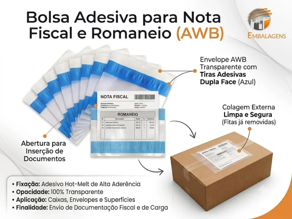 Envelope AWB canguru transparente autoadesivo aplicado em caixa de papelão para nota fiscal sandraembalagens