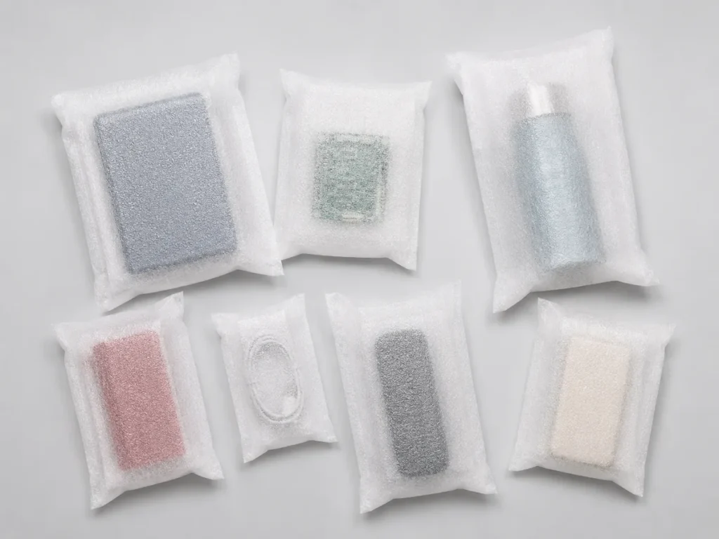 Conjunto de sacos de espuma EPE natural protegendo acessórios eletrônicos, cabos e frascos sobre fundo cinza.