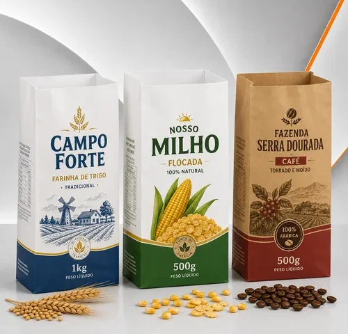 Três sacos de papel kraft para alimentos personalizados, nos modelos branco e pardo, para farinha de trigo, farinha de milho flocada e café, utilizados no envase de alimentos secos em embalagens com fundo quadrado.