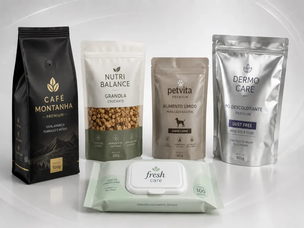 Embalagens laminadas flexíveis para café, granola, ração pet, pó descolorante e lenços umedecidos.