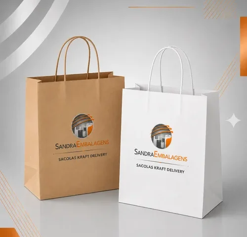 Sacolas kraft delivery personalizadas branca e natural com alça torcida e impressão da Sandra Embalagens para restaurantes, padarias, cafeterias, delivery e lojas.