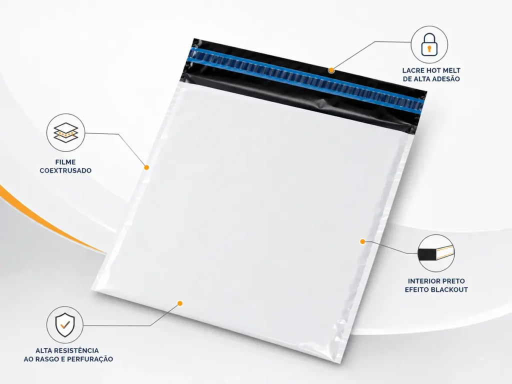 Infográfico detalhando estrutura do envelope de segurança com fechamento hot melt e efeito blackout sandraembalagens