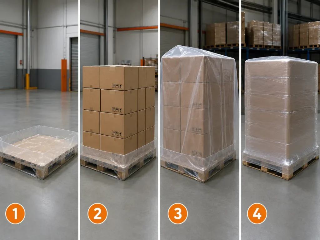 Passo a passo numerado de 1 a 4 mostrando a colocação da capa plástica transparente no pallet e o processo de encolhimento térmico.