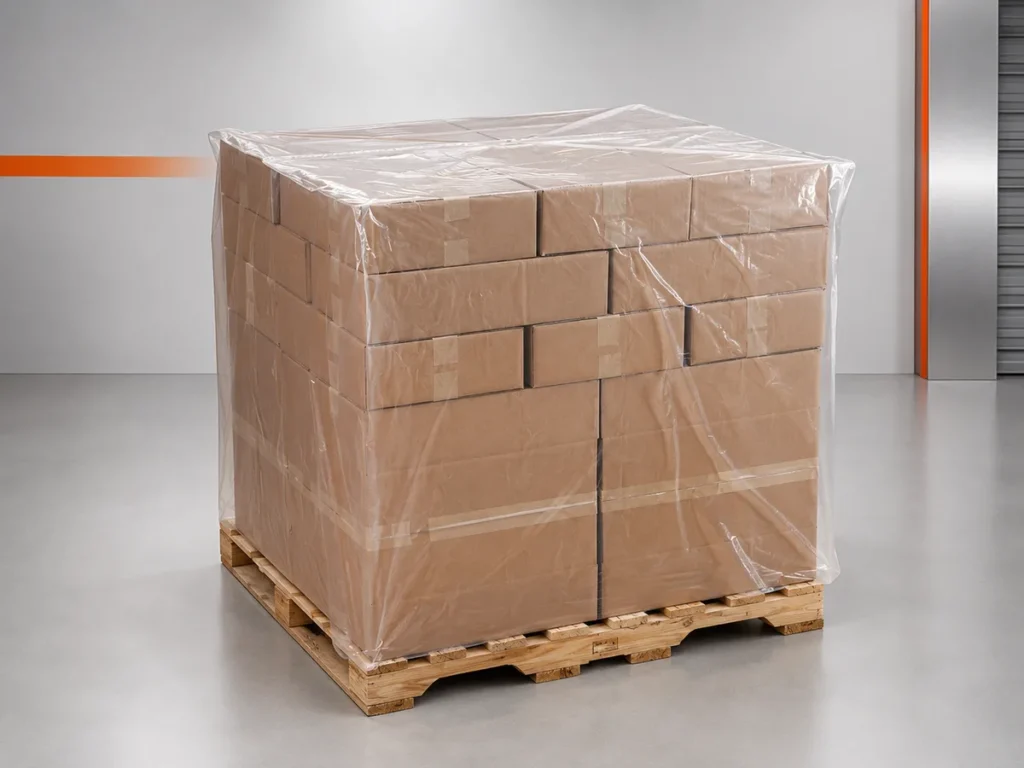Pallet de madeira com caixas de papelão empilhadas protegido por capa plástica transparente de polietileno