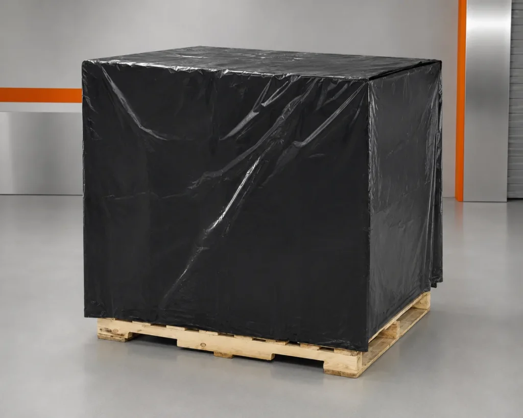 Pallet de madeira inteiramente coberto por capa plástica preta opaca para privacidade e proteção contra luz.