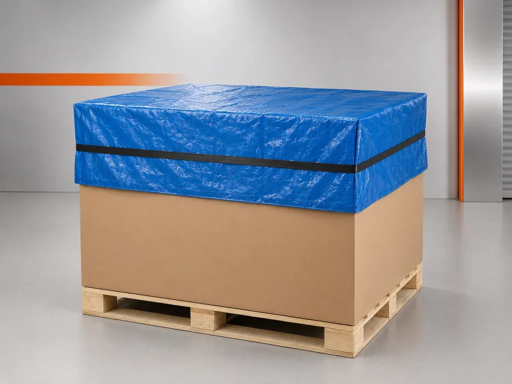 Tampa azul para pallet cobrindo a parte superior de caixas de papelão sobre pallet de madeira.
