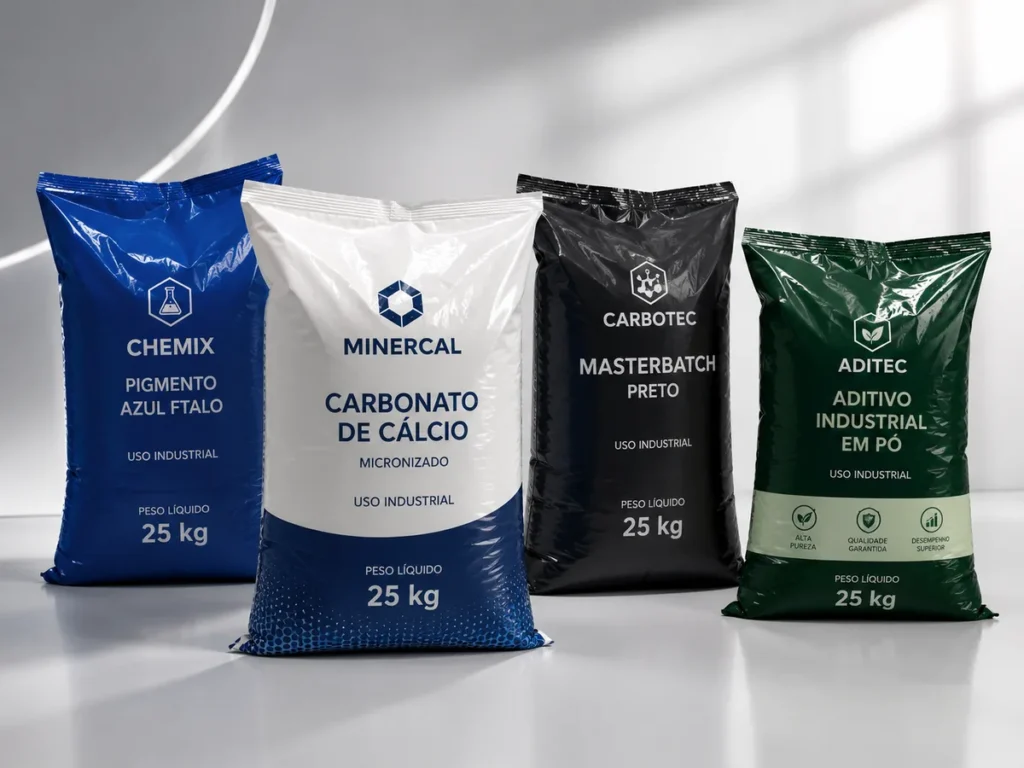 Quatro sacos industriais pigmentados de 25kg com identificações de produtos químicos como Carbonato de Cálcio e Aditivo Industrial.
