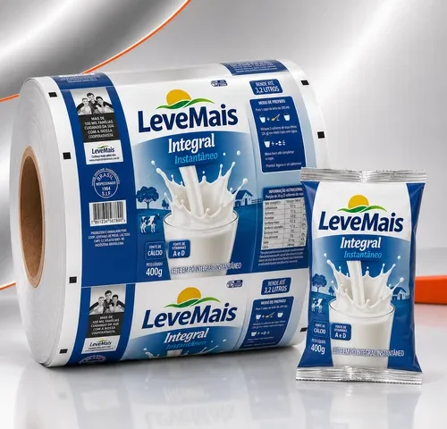 Bobina de filme metalizado para empacotamento automático de leite em pó ao lado da embalagem final produzida pelo mesmo filme.