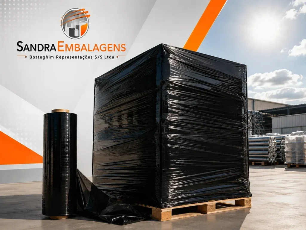 Pallet protegido por filme de polietileno preto com aditivo Anti UV em ambiente externo ensolarado.