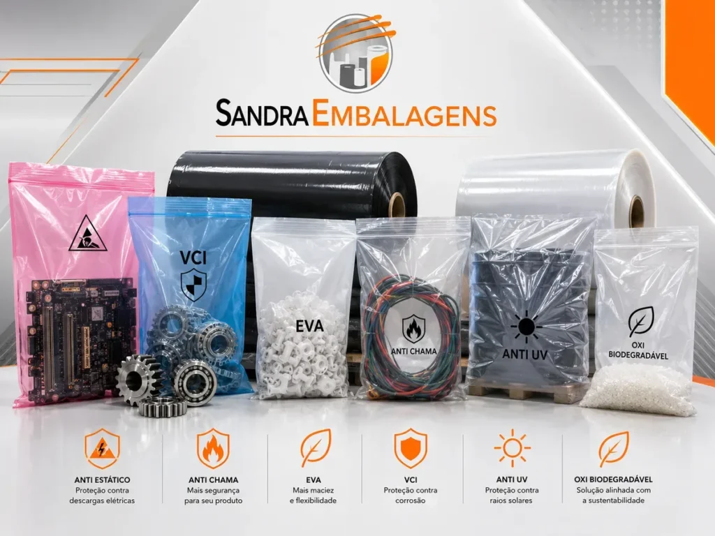 Linha de filmes e sacos de polietileno aditivados com opções de proteção antiestática, VCI anticorrosivo, antichama, anti UV e EVA.