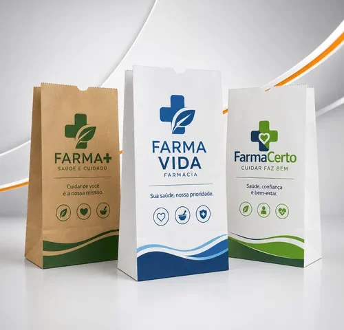 Três sacos de papel kraft para farmácias personalizados, nos modelos branco e pardo, com impressão fictícia, em fundo clean branco, cinza e prata, representando embalagens para drogarias e farmácias de manipulação.