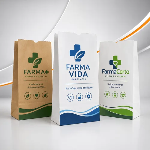 Três sacos de papel kraft para farmácias personalizados, nos modelos branco e pardo, com impressão fictícia, em fundo clean branco, cinza e prata, representando embalagens para drogarias e farmácias de manipulação.