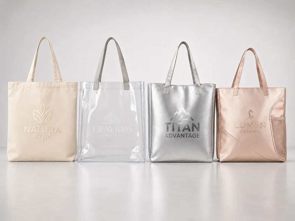 Quatro modelos de ecobags e sacolas promocionais personalizadas em tons pastéis, prata e bronze com logos corporativas gravadas.