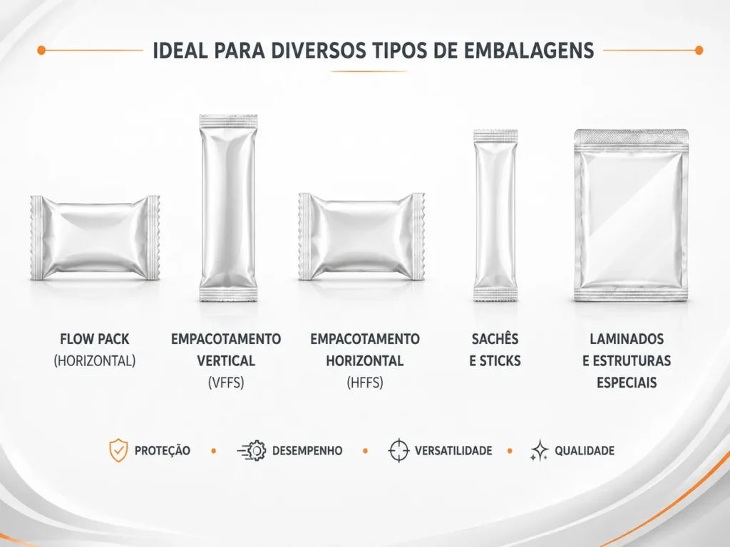 Infográfico ilustrando formatos de embalagens flexíveis: Flow Pack, VFFS, HFFS, Sachês e Laminados.