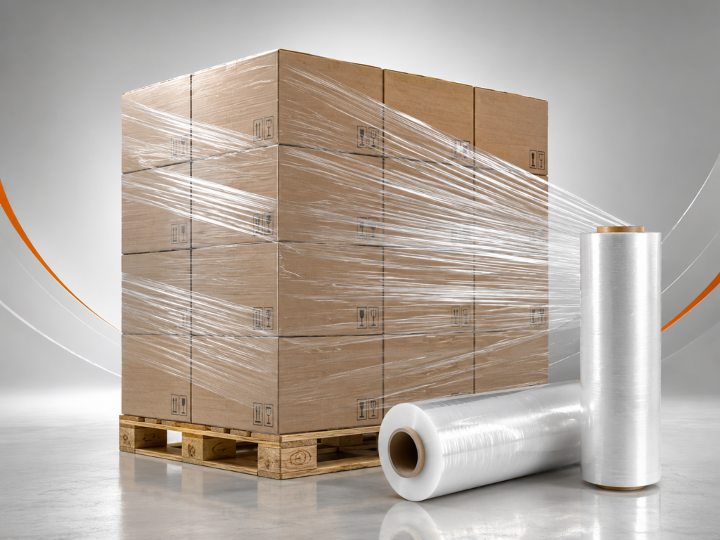 Pallet com caixas envolvidas por filme stretch transparente e bobinas utilizadas para proteção e estabilização da carga.