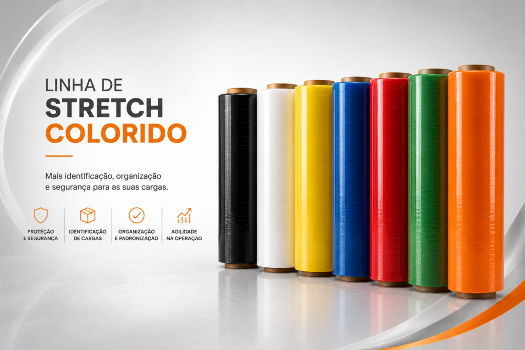 Bobinas de filme stretch colorido em diferentes cores para identificação e organização de cargas.