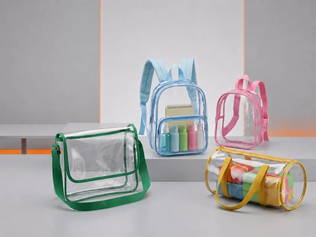 Duas mochilas de PVC transparente nas cores azul e rosa e duas bolsas organizadoras com zíper contendo produtos internos.