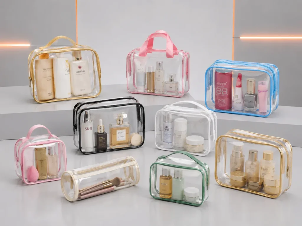 Conjunto de nécessaires transparentes em PVC cristal de vários tamanhos organizando frascos de perfumes e cremes de maquiagem.