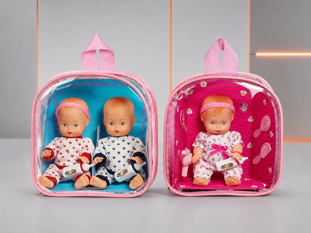 Duas mochilas infantis de PVC rosa contendo bonecas e acessórios em seu interior, ilustrando o uso de embalagens para o setor de brinquedos.