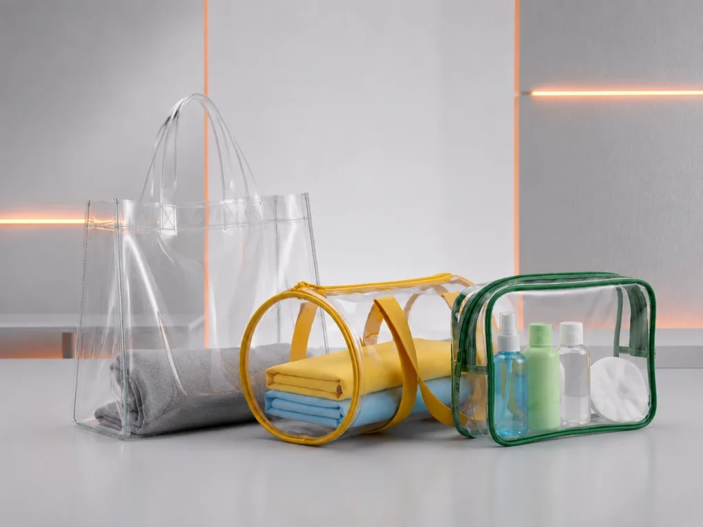Sacola de PVC cristal com alça de ombro ao lado de uma bolsa cilíndrica amarela e uma nécessaire verde contendo frascos de cosméticos.
