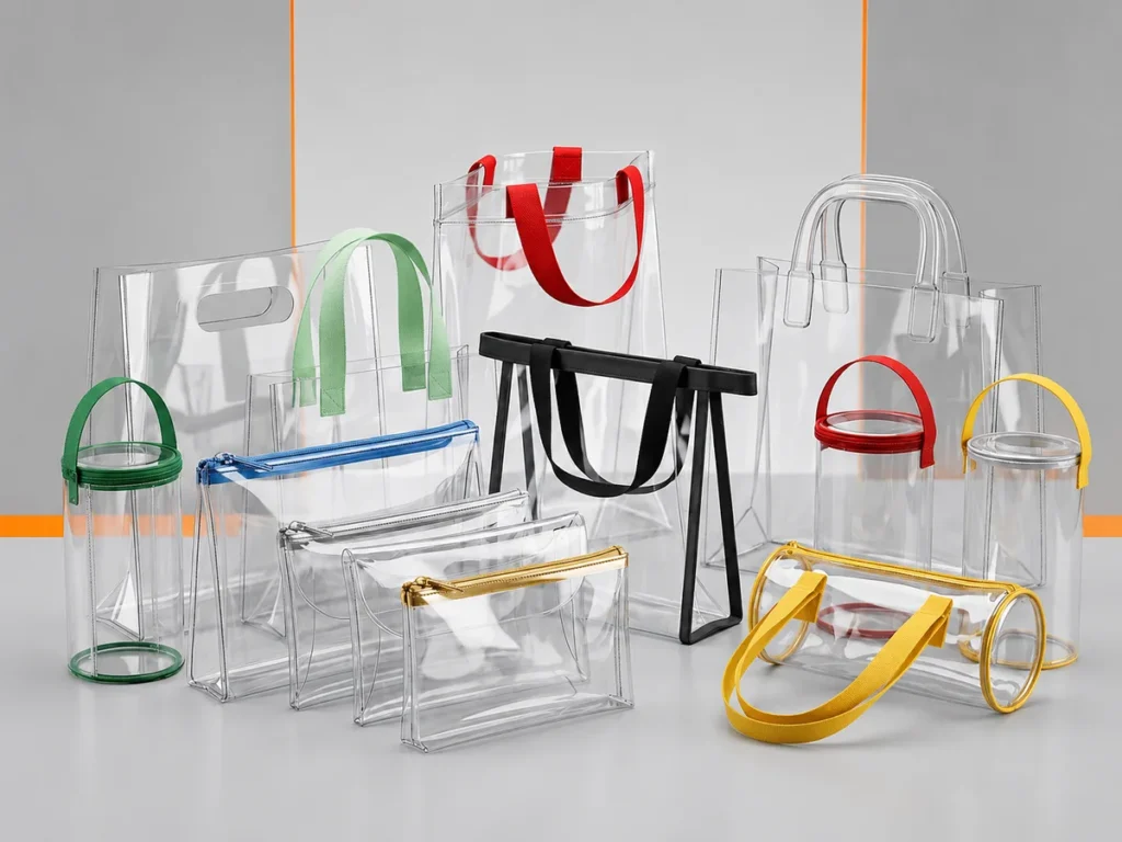 Variedade de sacolas e bolsas de PVC cristal transparente com acabamentos em alças coloridas verde, azul, vermelha e amarela, exibindo modelos promocionais sob medida.