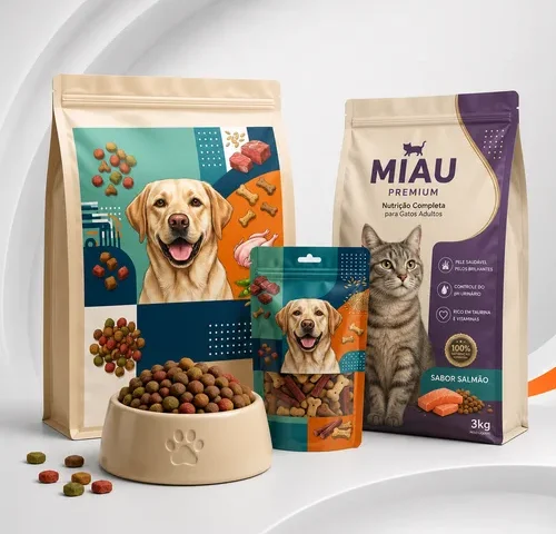 Embalagens laminadas para pet food personalizadas para rações e petiscos de cães e gatos, com acabamento fosco e impressão de alta qualidade.