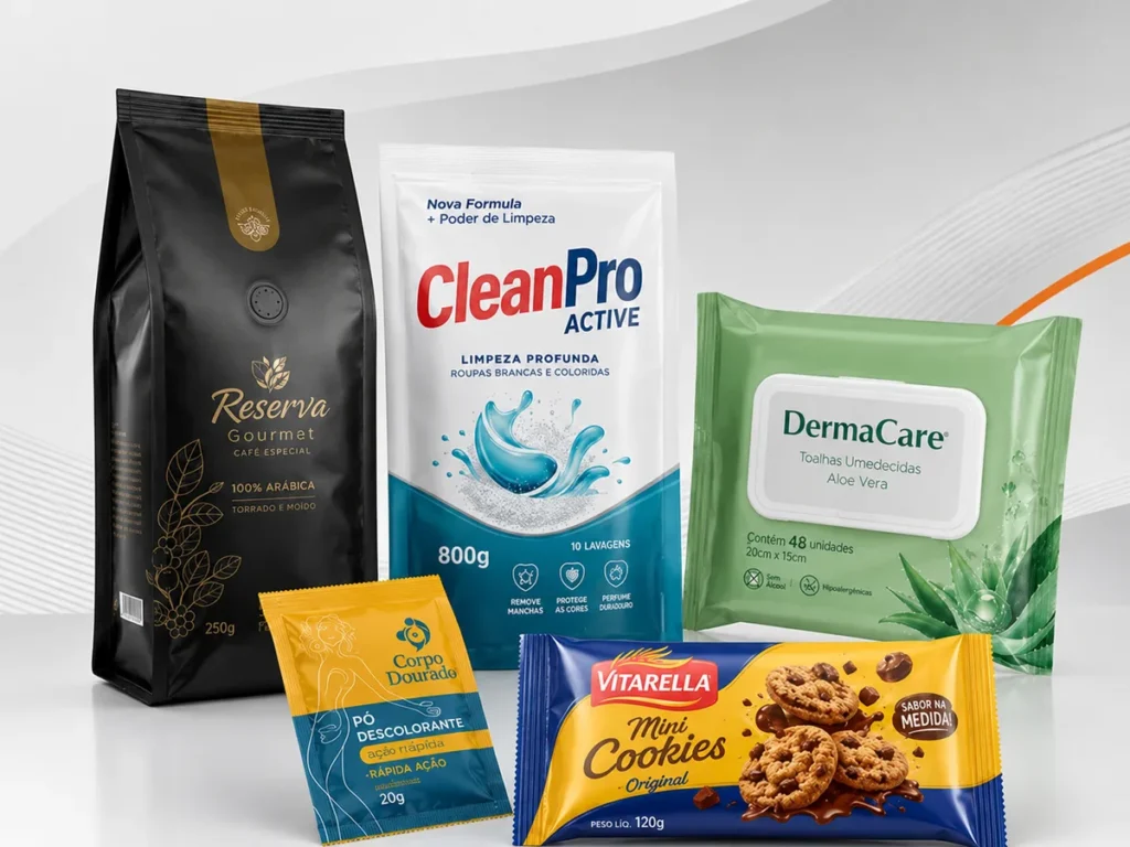 Exemplos de embalagens laminadas flexíveis para café, produtos de limpeza, lenços umedecidos, cosméticos e biscoitos.