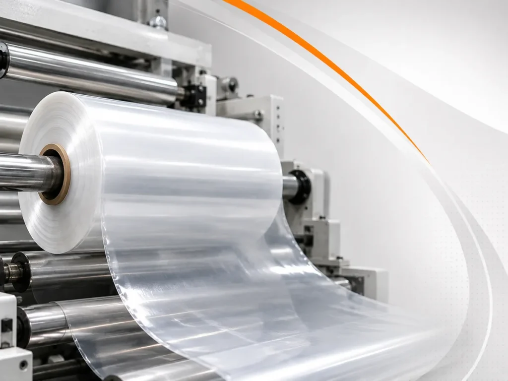 Bobina de filme de polietileno transparente posicionada em máquina industrial de rebobinamento.