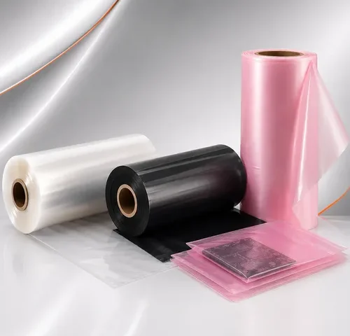 Bobinas de filme de polietileno aditivado antiestático rosa, filme antichama preto, filme transparente e sacos antiestáticos para proteção de componentes eletrônicos.